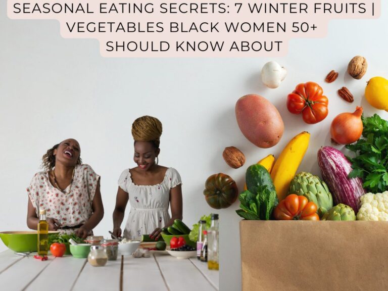 Women cooking beside assorted winter fruits and vegetables