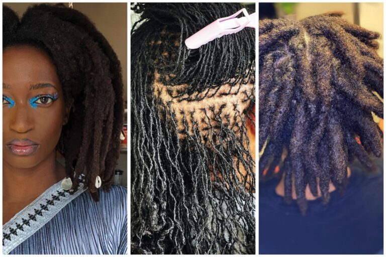 Woman with dreadlocks and close-up crochet installation
