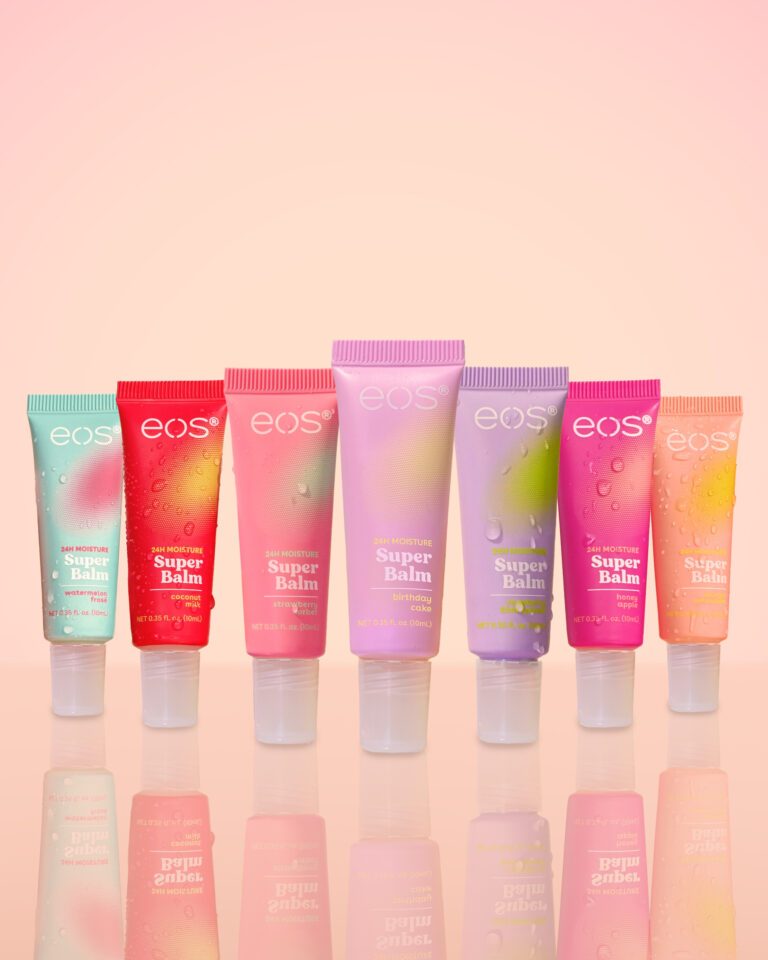 Seven colourful EOS Super Balm lip balm tubes