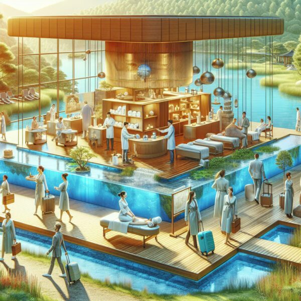 Luxury lakeside spa pavilion with guests and therapists