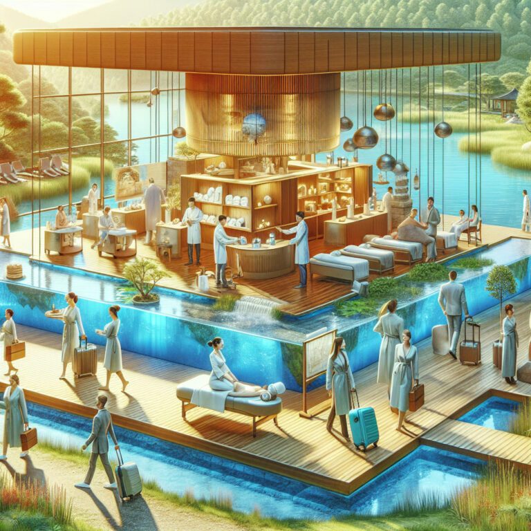 Luxury lakeside spa pavilion with guests and therapists