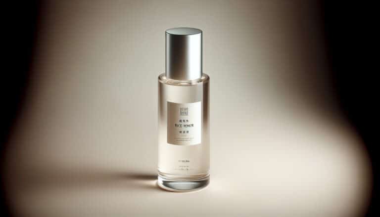 Bottle of rice toner skincare product on neutral background