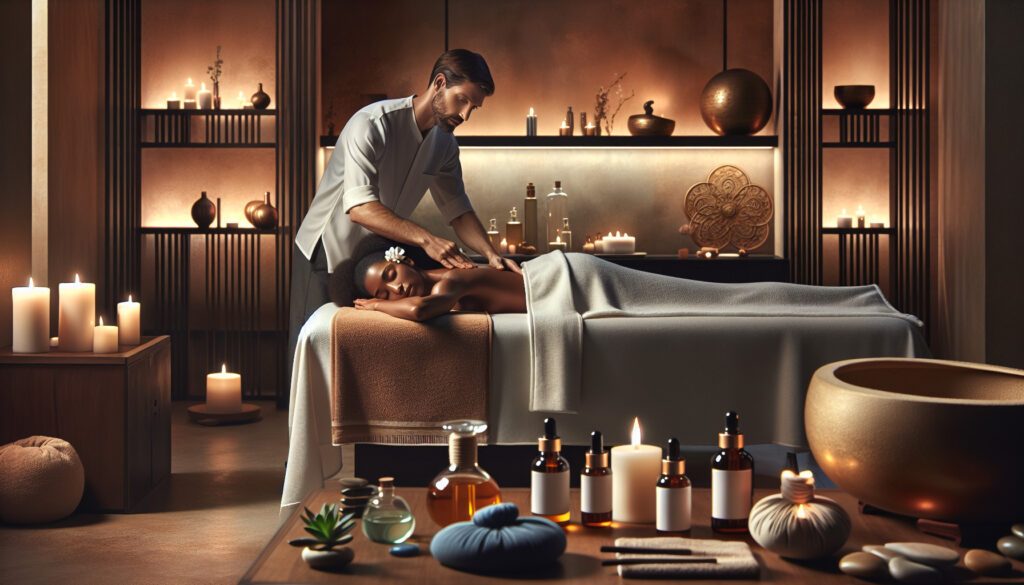 Spa therapist giving relaxing massage by candlelight
