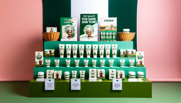 Green skincare display for dark skin tones