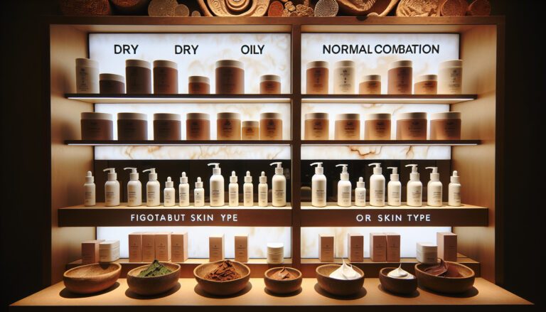 Skincare products organised by skin type on shelves