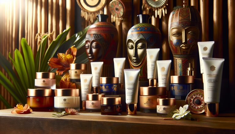 Luxury skincare products with African-inspired decorative masks