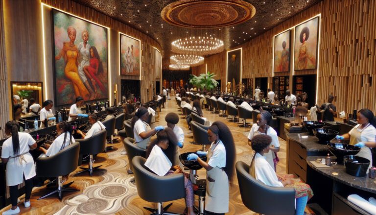 Luxurious busy hair salon with stylists and clients