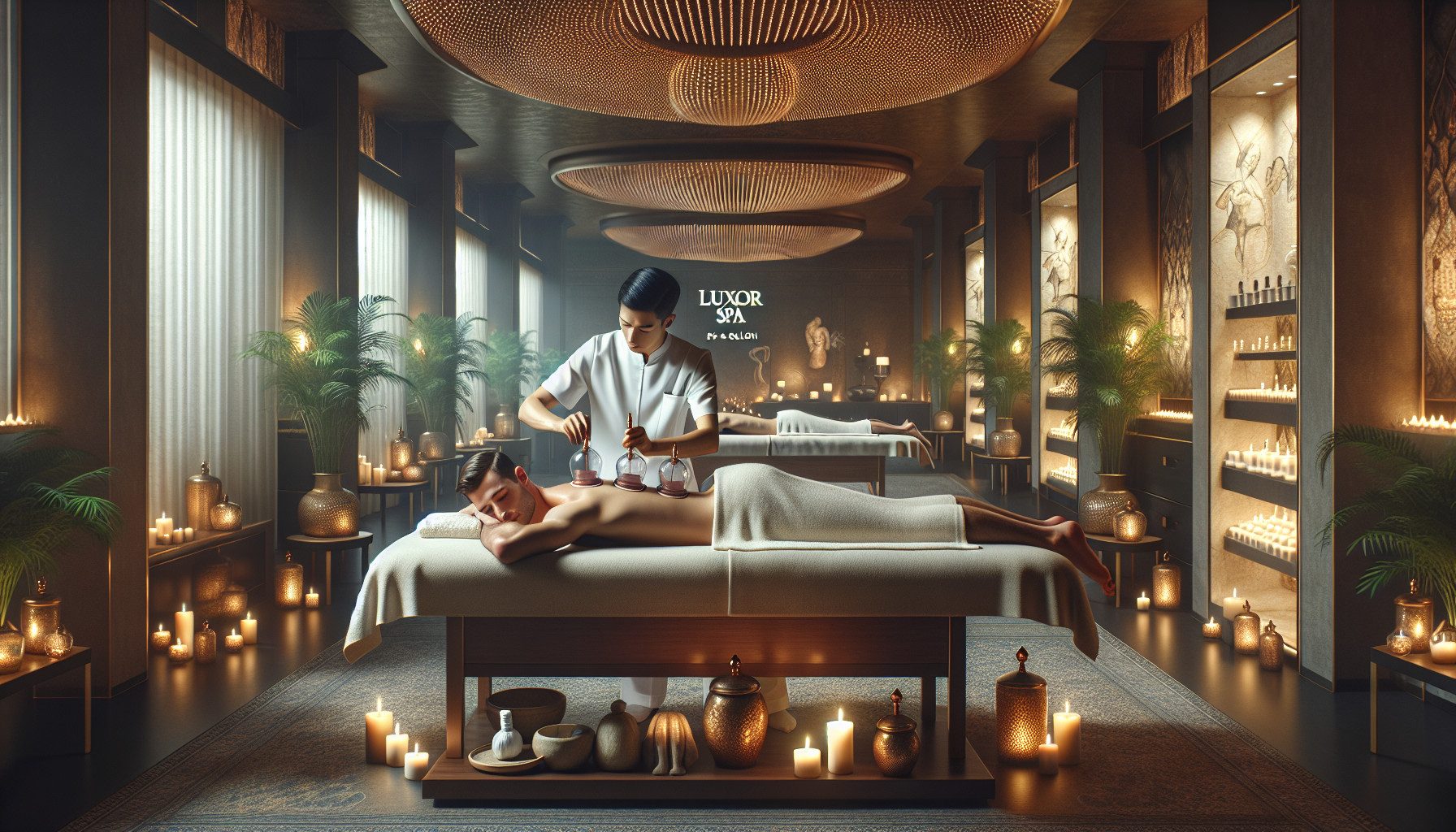 Therapist performing cupping therapy in luxury candlelit spa