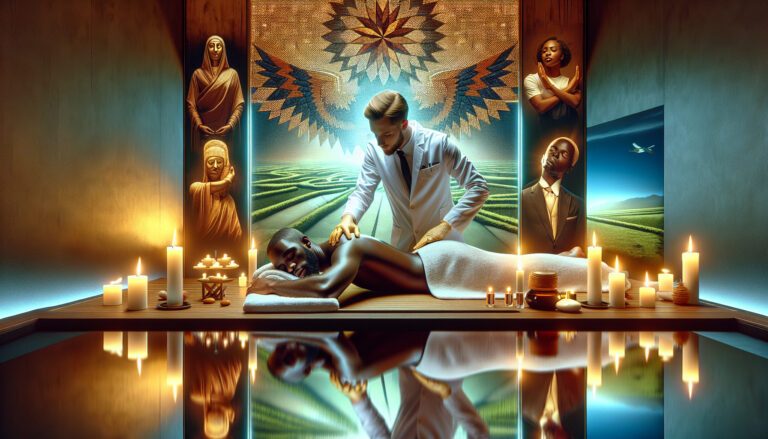 Therapist giving massage amid candles and spiritual artwork