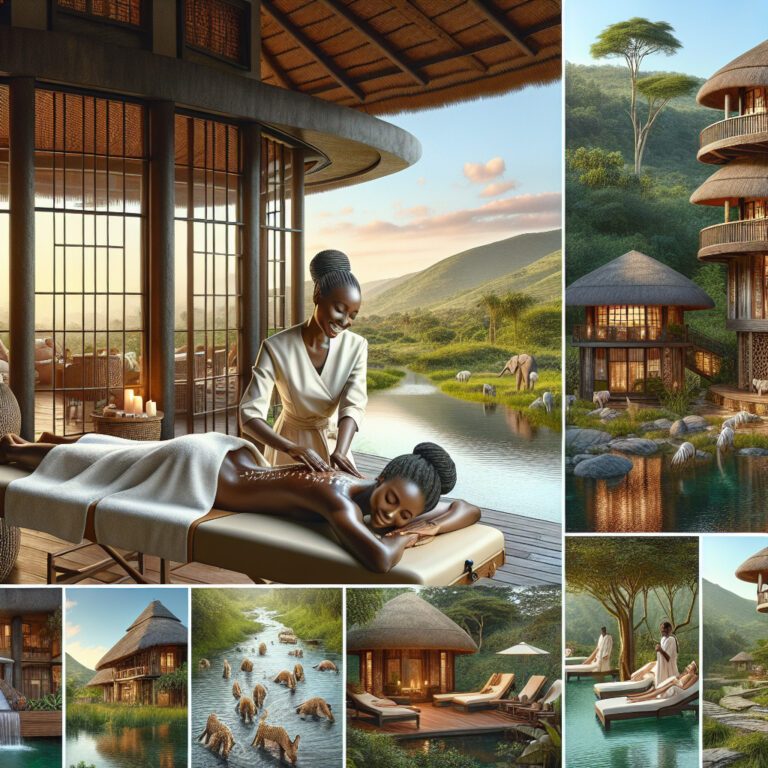 Luxury safari spa lodge overlooking river and elephants