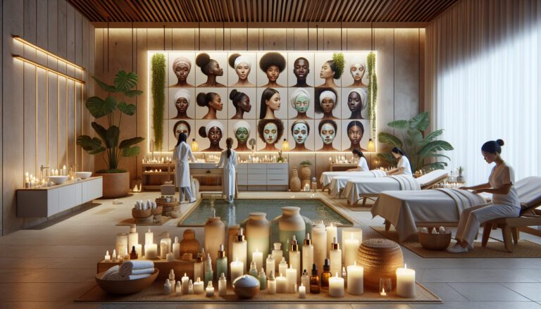 Luxury spa interior with massage tables, candles and portraits