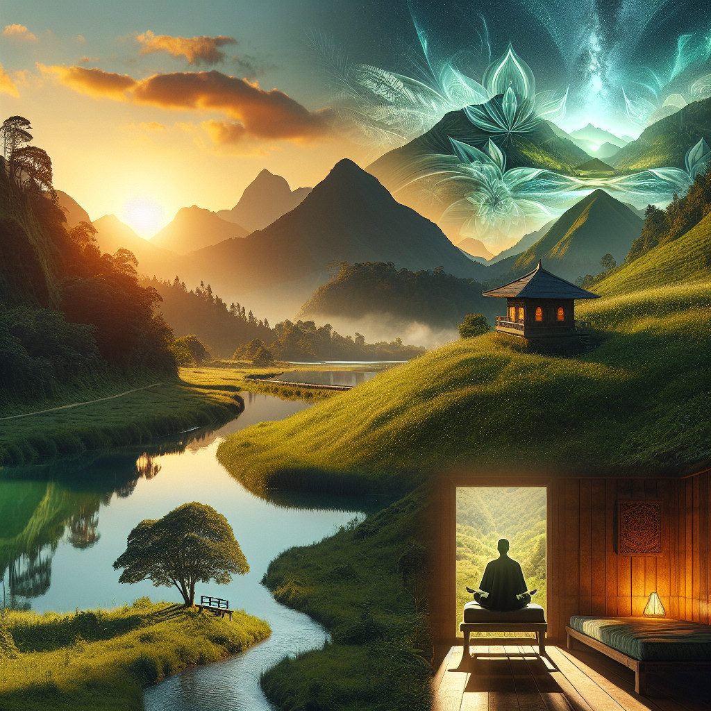 Serene mountain valley with meditating figure at sunrise