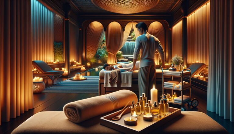 Luxury spa massage room with candles and waterfall