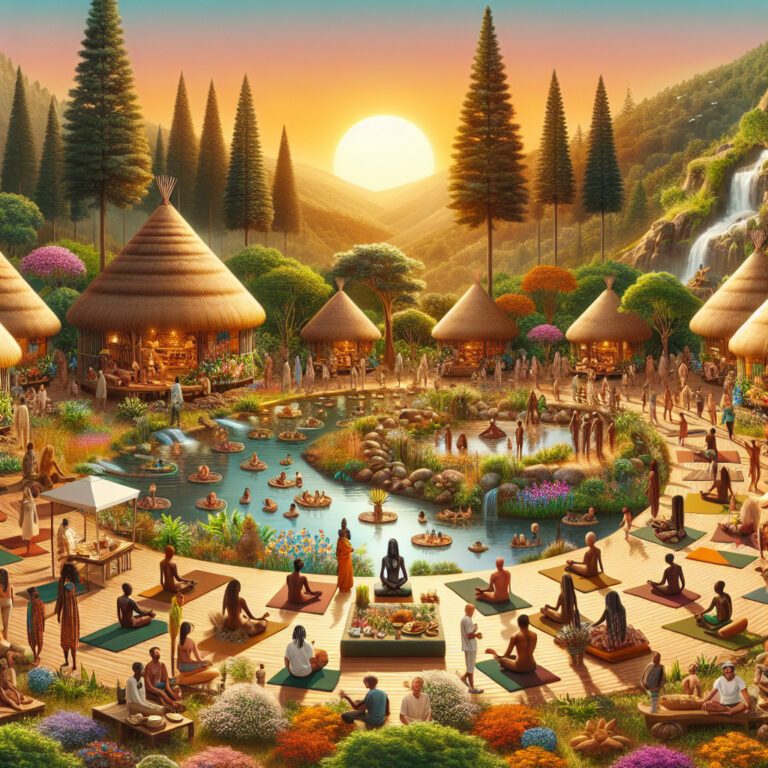 Eco village meditation by pond at sunset