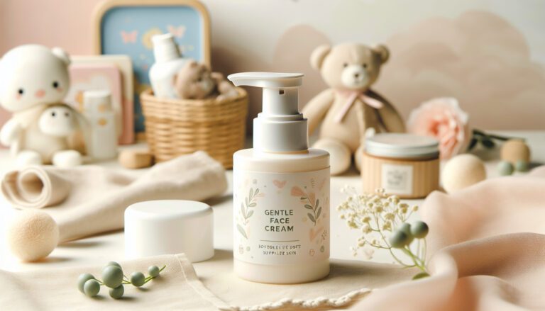 Gentle baby face cream with soft toys background