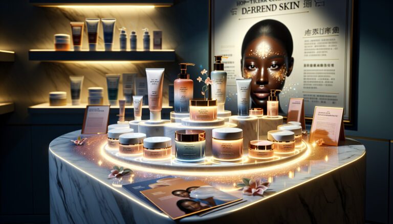 Luxury skincare products displayed on illuminated marble counter