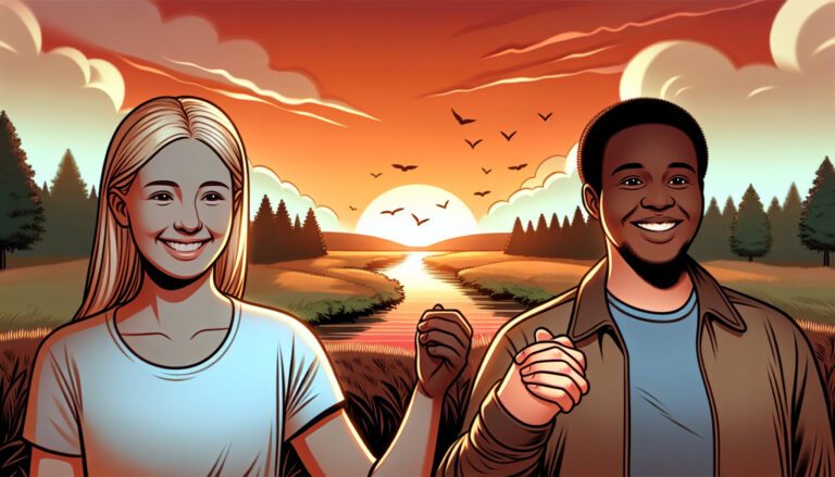 Smiling couple holding hands at sunset landscape