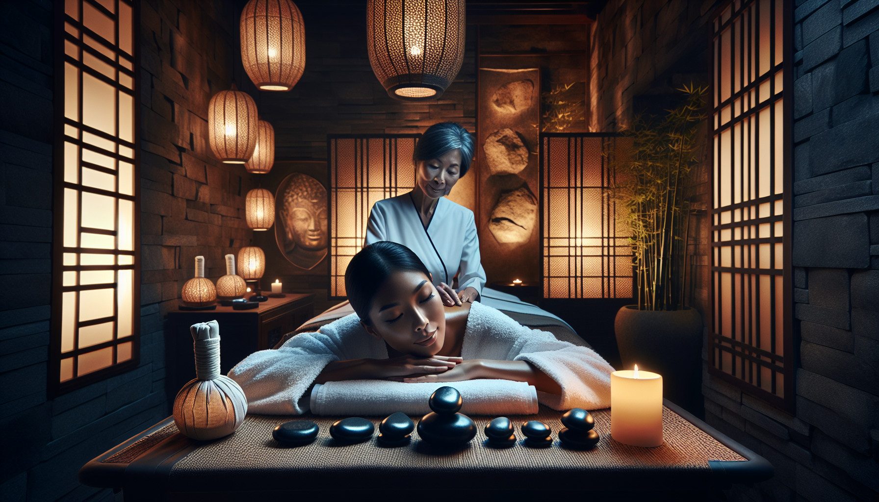 Woman receiving hot stone massage in tranquil spa