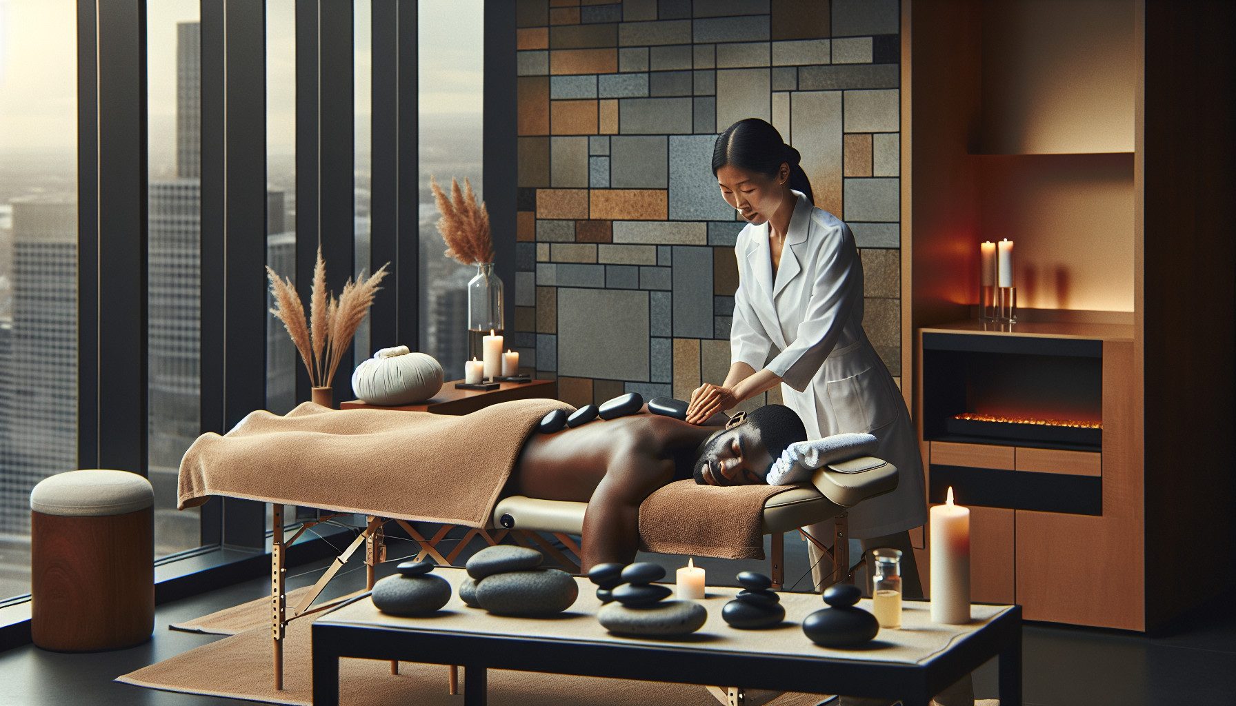 Therapist performing hot stone massage in modern spa