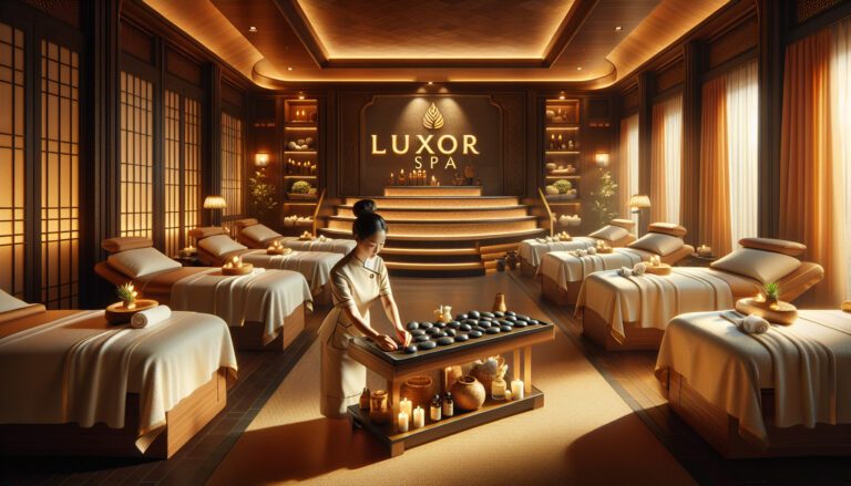 Luxury spa interior with therapist preparing hot stones