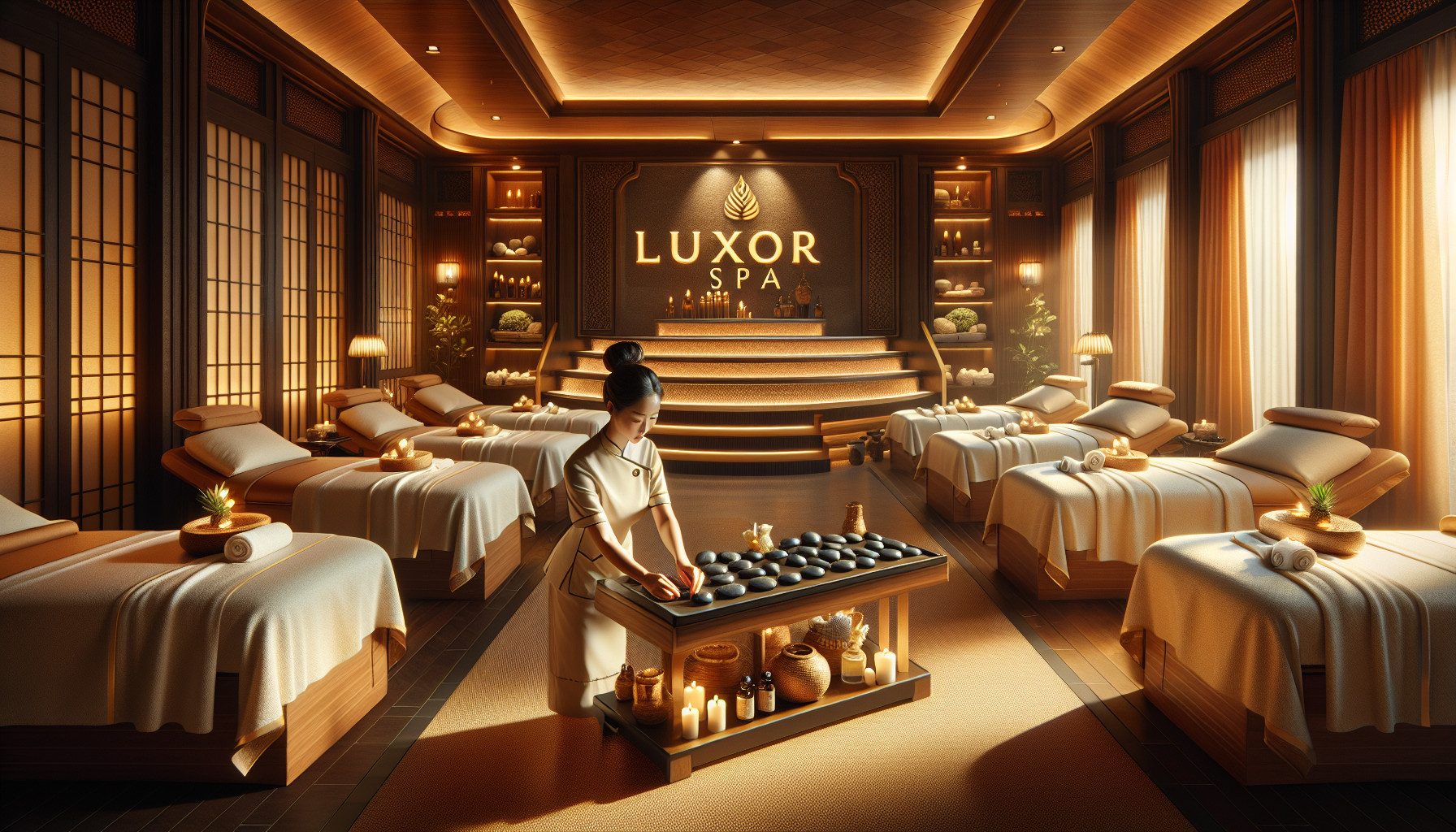 Luxury spa interior with therapist preparing hot stones