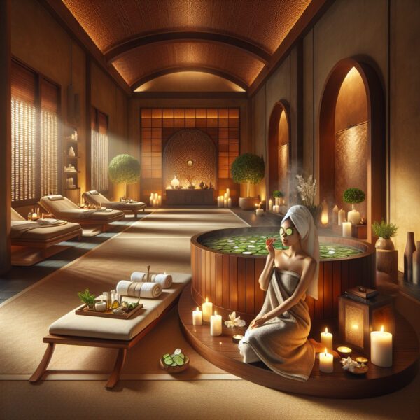 Woman relaxing in candlelit luxury spa hot tub