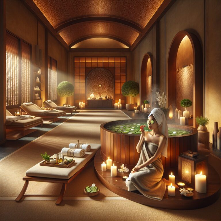 Woman relaxing in candlelit luxury spa hot tub