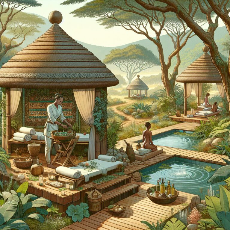 Luxury outdoor spa with thatched huts and pools