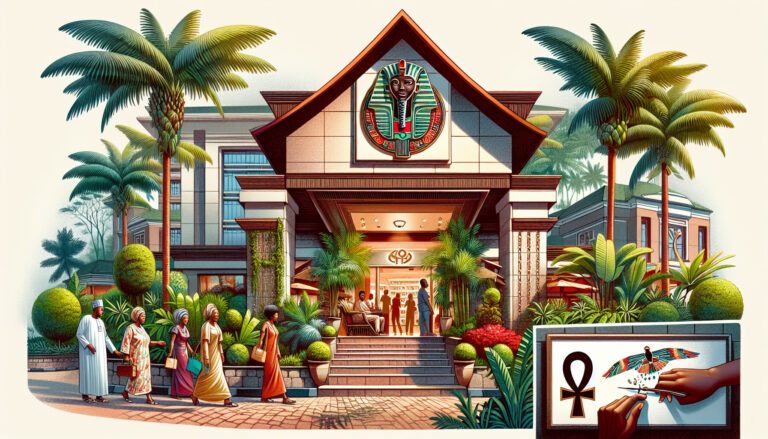 Tropical hotel entrance with Egyptian symbols and palm trees