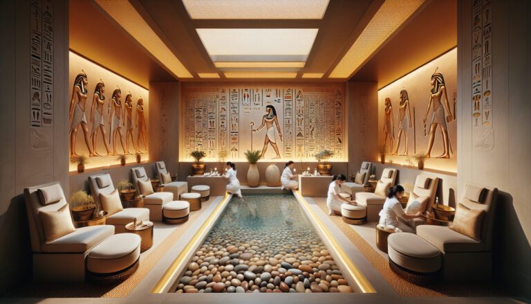 Luxury Egyptian-themed spa with central pebble pool