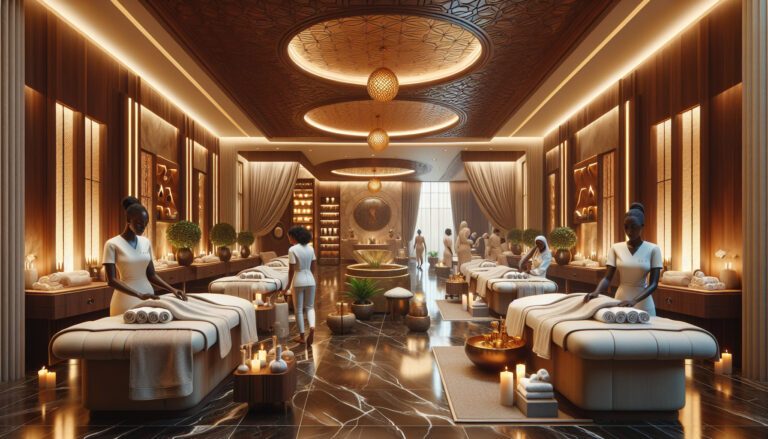 Luxurious spa interior with massage tables and therapists