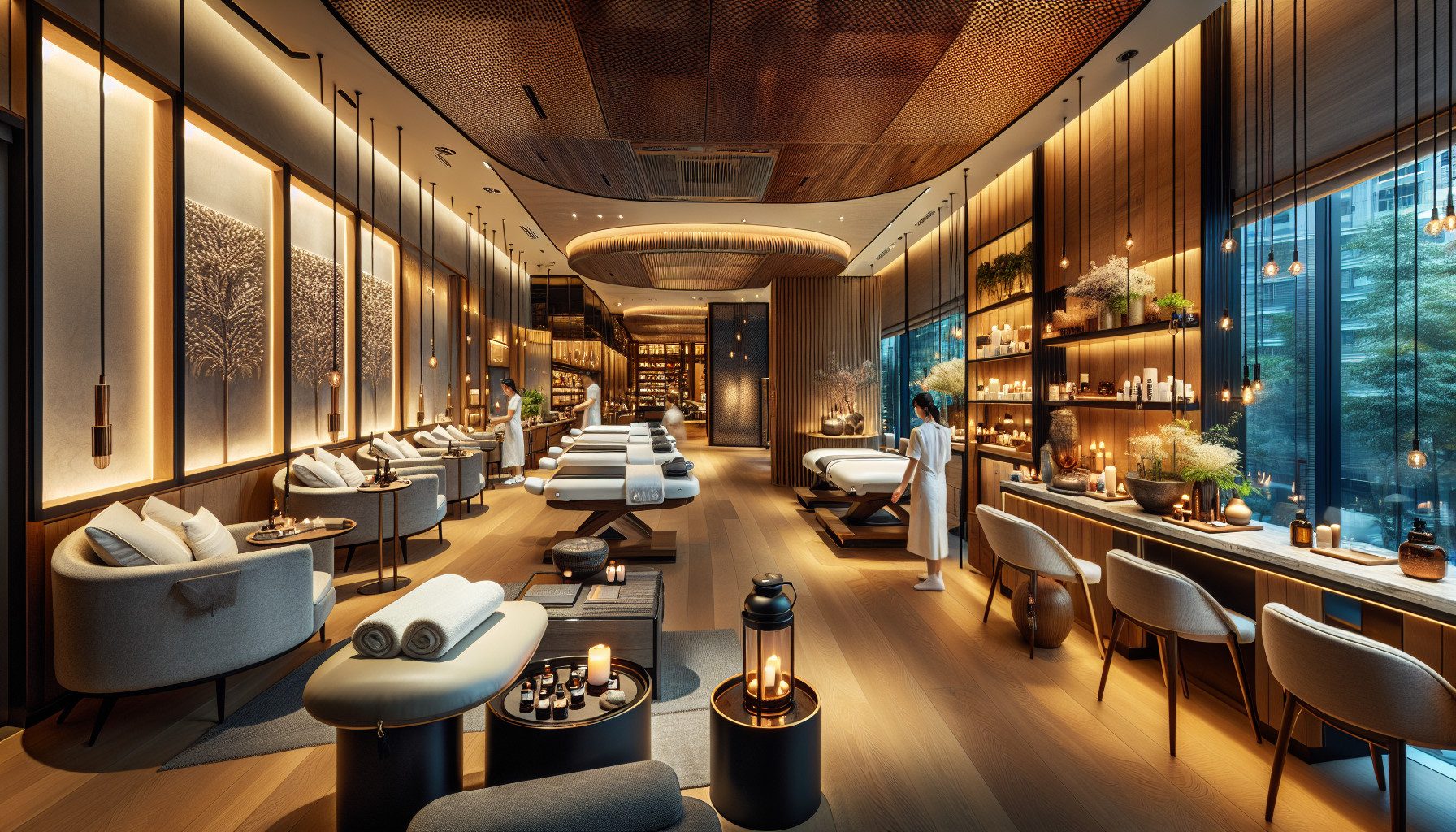 Luxury spa interior with massage tables and candles