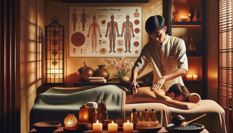 Therapist giving back massage in candlelit spa room