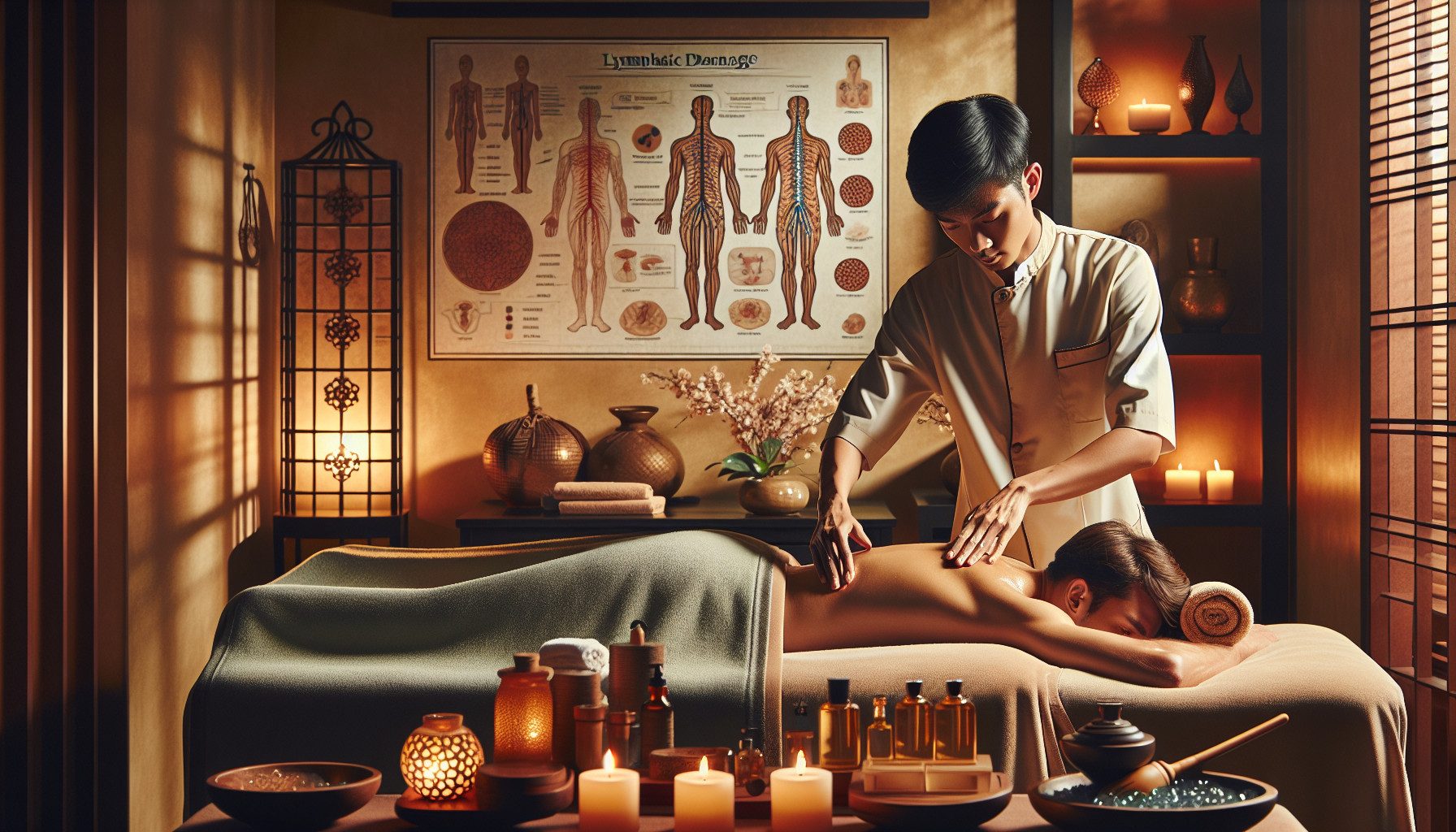 Therapist giving back massage in candlelit spa room