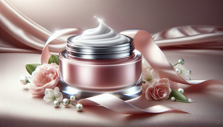 Luxury pink face cream jar with ribbon and flowers