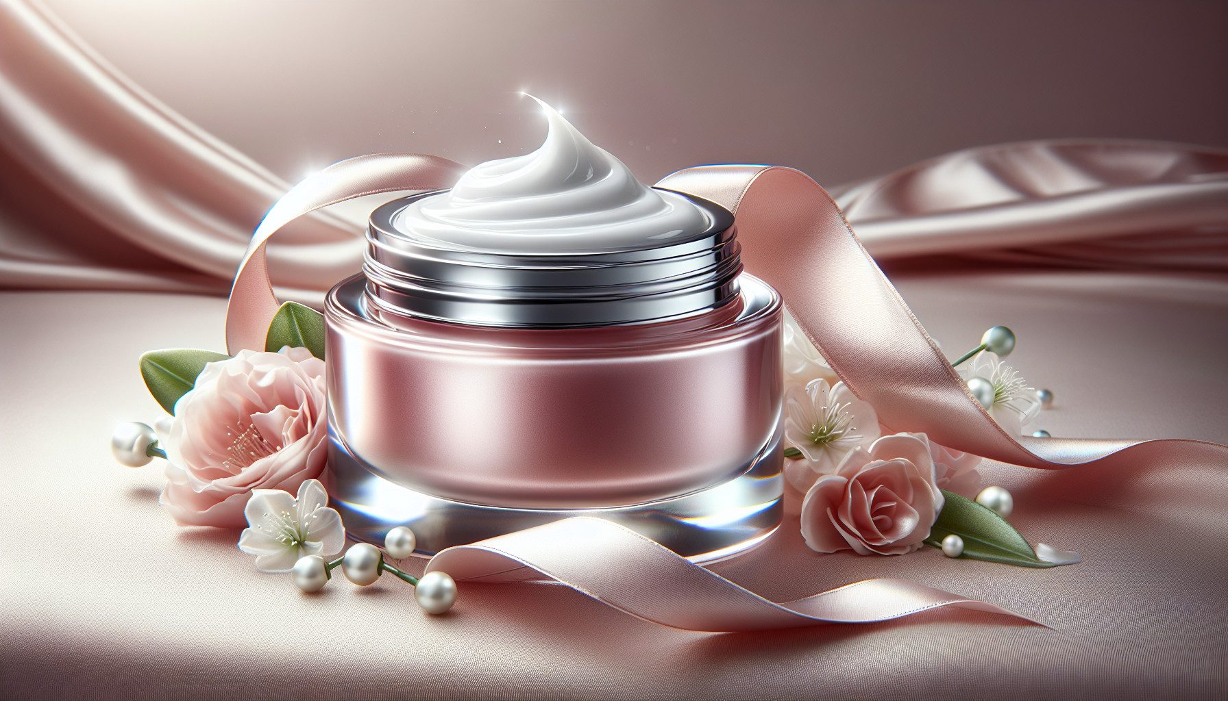 Luxury pink face cream jar with ribbon and flowers
