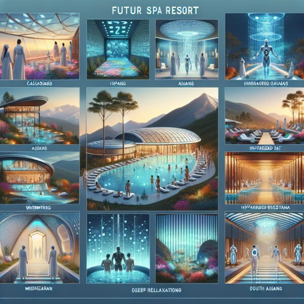 Futuristic spa resort with pools and mountain views