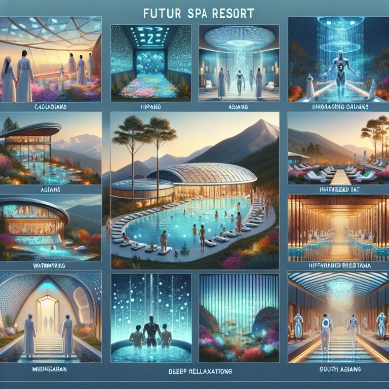 Futuristic spa resort with pools and mountain views