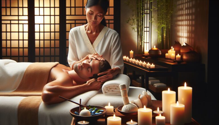 Woman giving relaxing head massage in candlelit spa