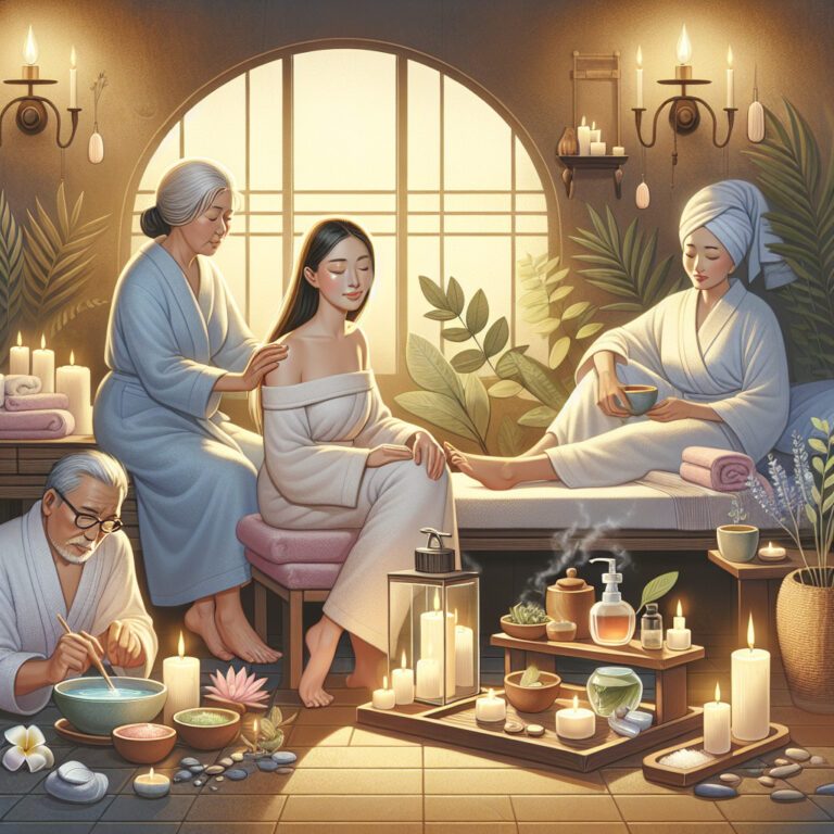 People enjoying relaxing spa treatment with candles