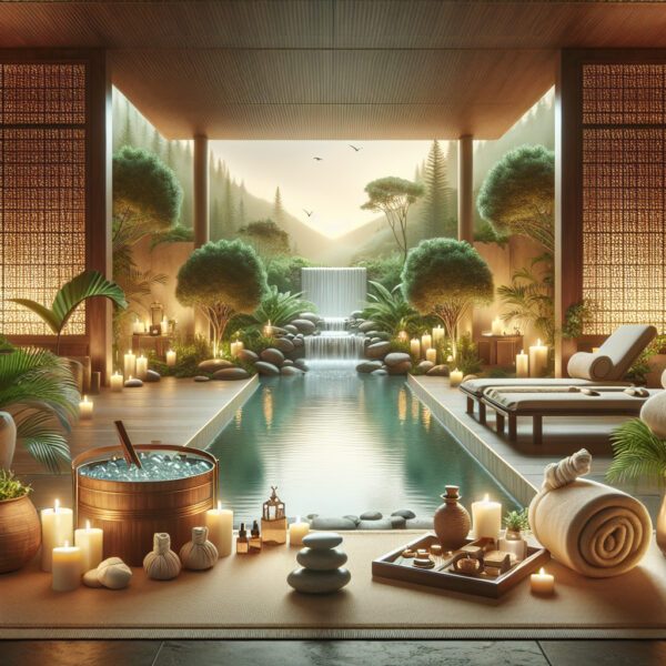 Luxury spa with indoor pool and waterfall