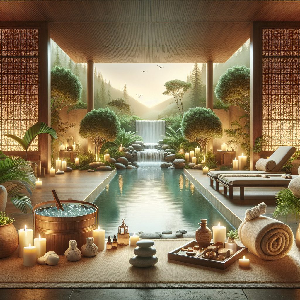 Luxury spa with indoor pool and waterfall