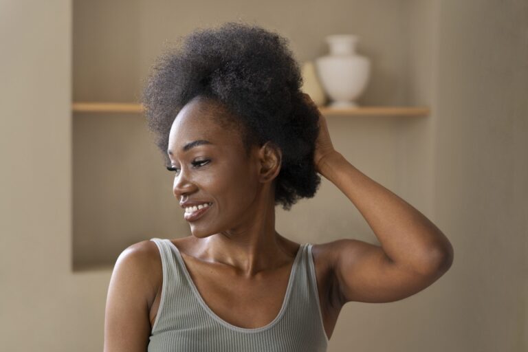 Woman smiling with natural afro hairstyle indoors