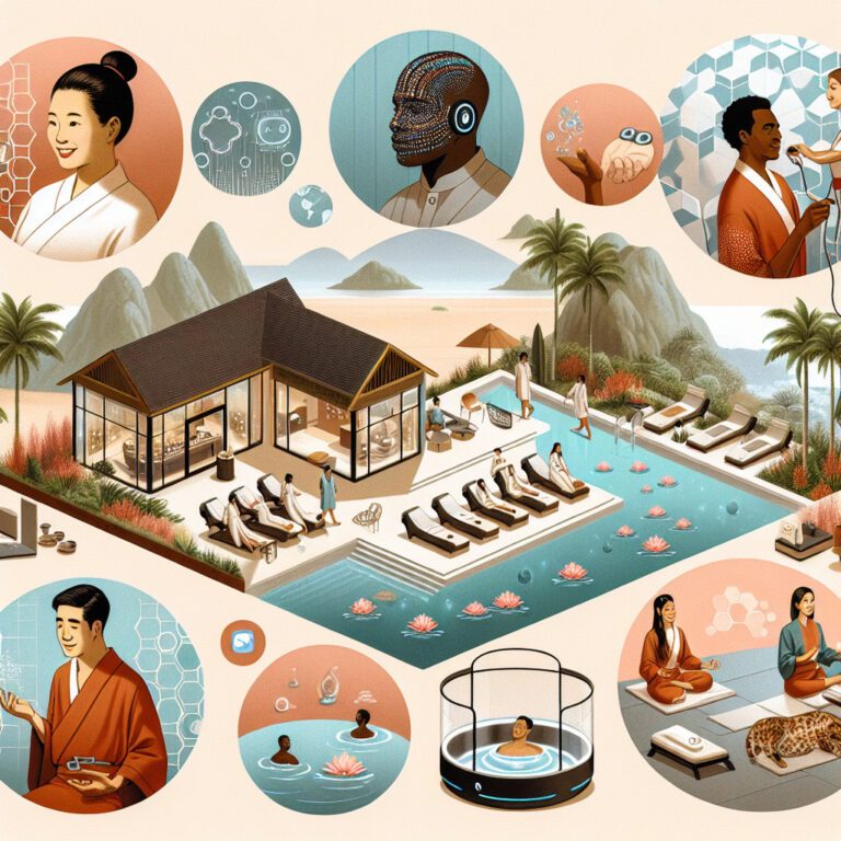 Illustrated luxury wellness spa resort with infinity pool