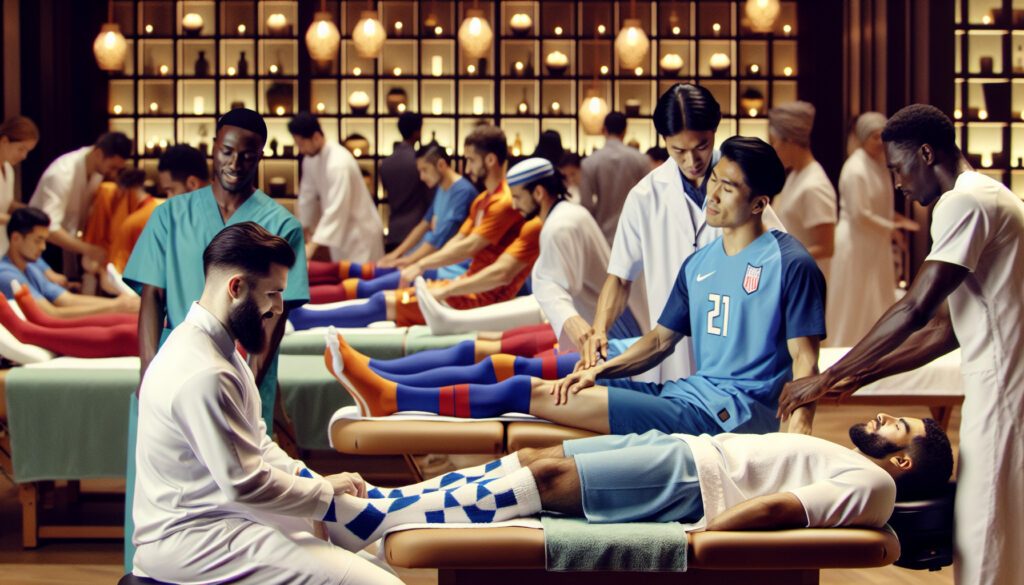 Footballers receiving physiotherapy treatment in sports clinic
