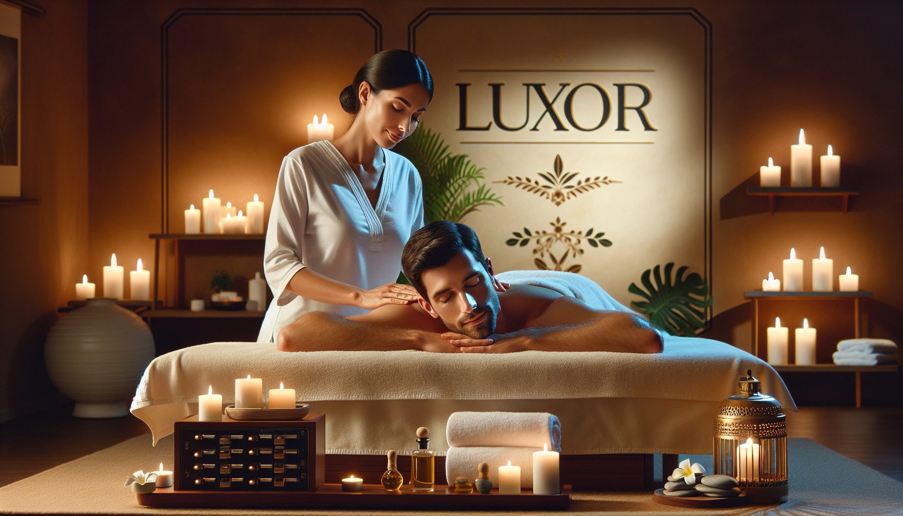 Man receiving massage in candlelit Luxor spa.