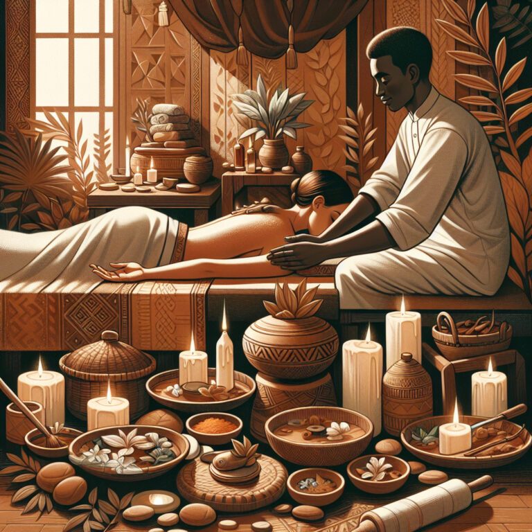 Woman receiving massage in candlelit spa setting
