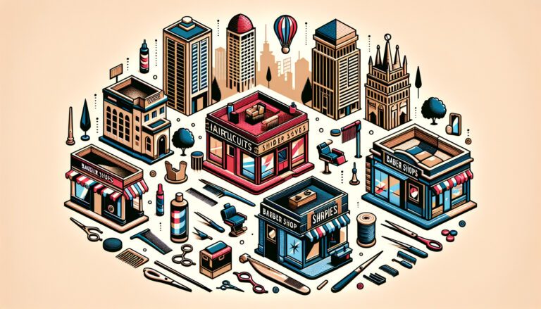 Stylised cityscape with barber shops and tools