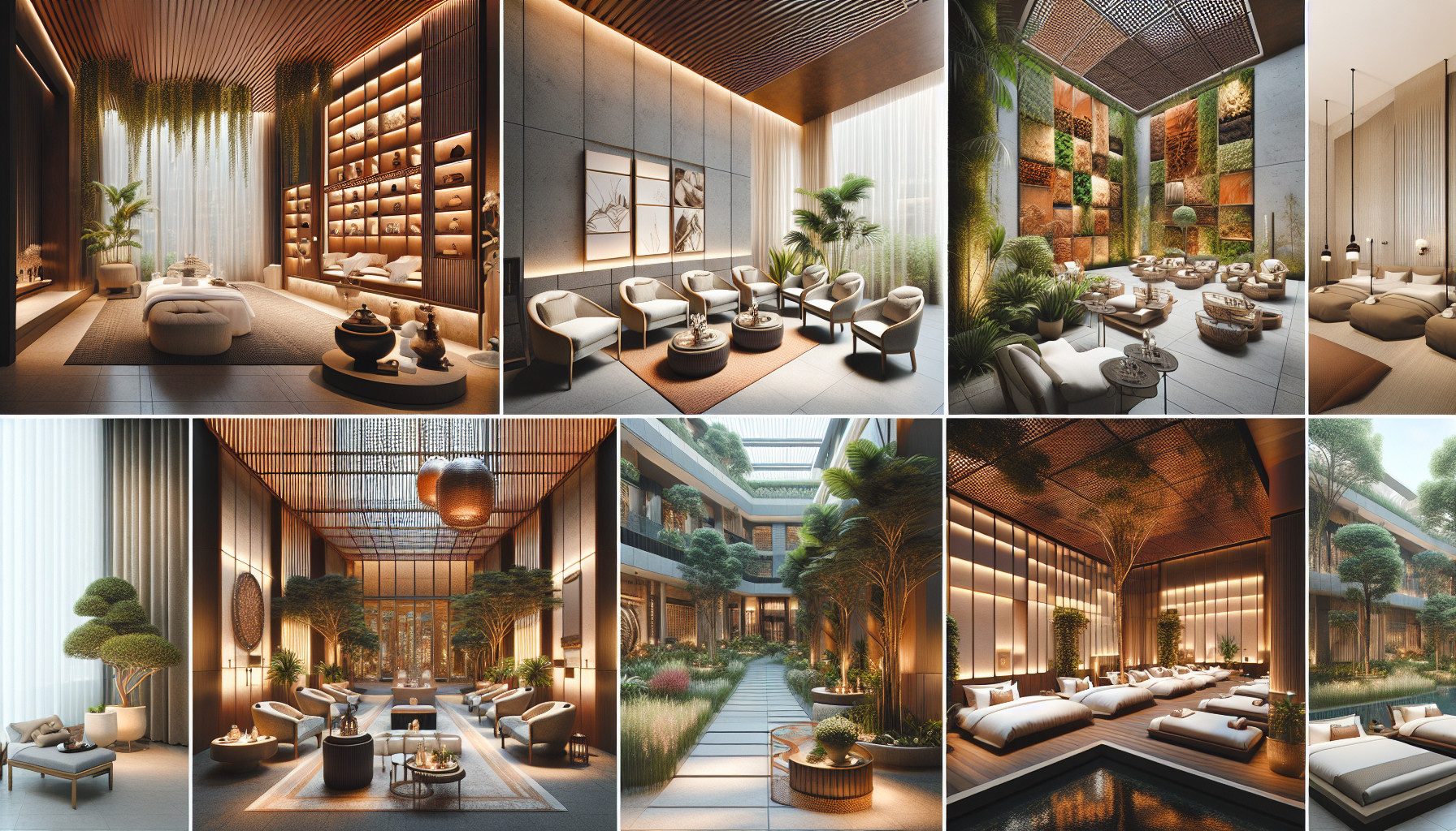 Luxury spa interiors with serene lounges and gardens