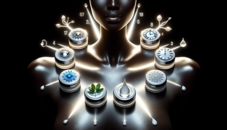Skincare creams arranged around woman's glowing torso clock